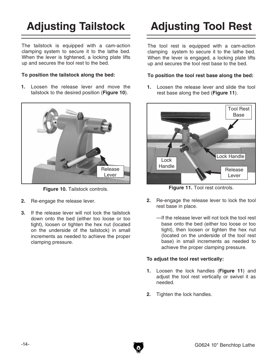 Adjusting tailstock, Adjusting tool rest | Grizzly G0624 User Manual | Page 16 / 36