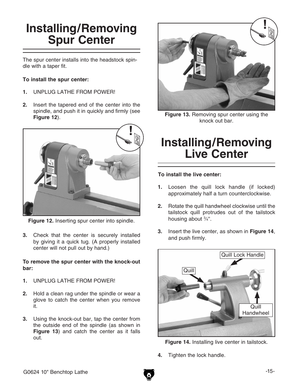 Installing/removing spur center, Installing/removing live center | Grizzly G0624 User Manual | Page 17 / 36