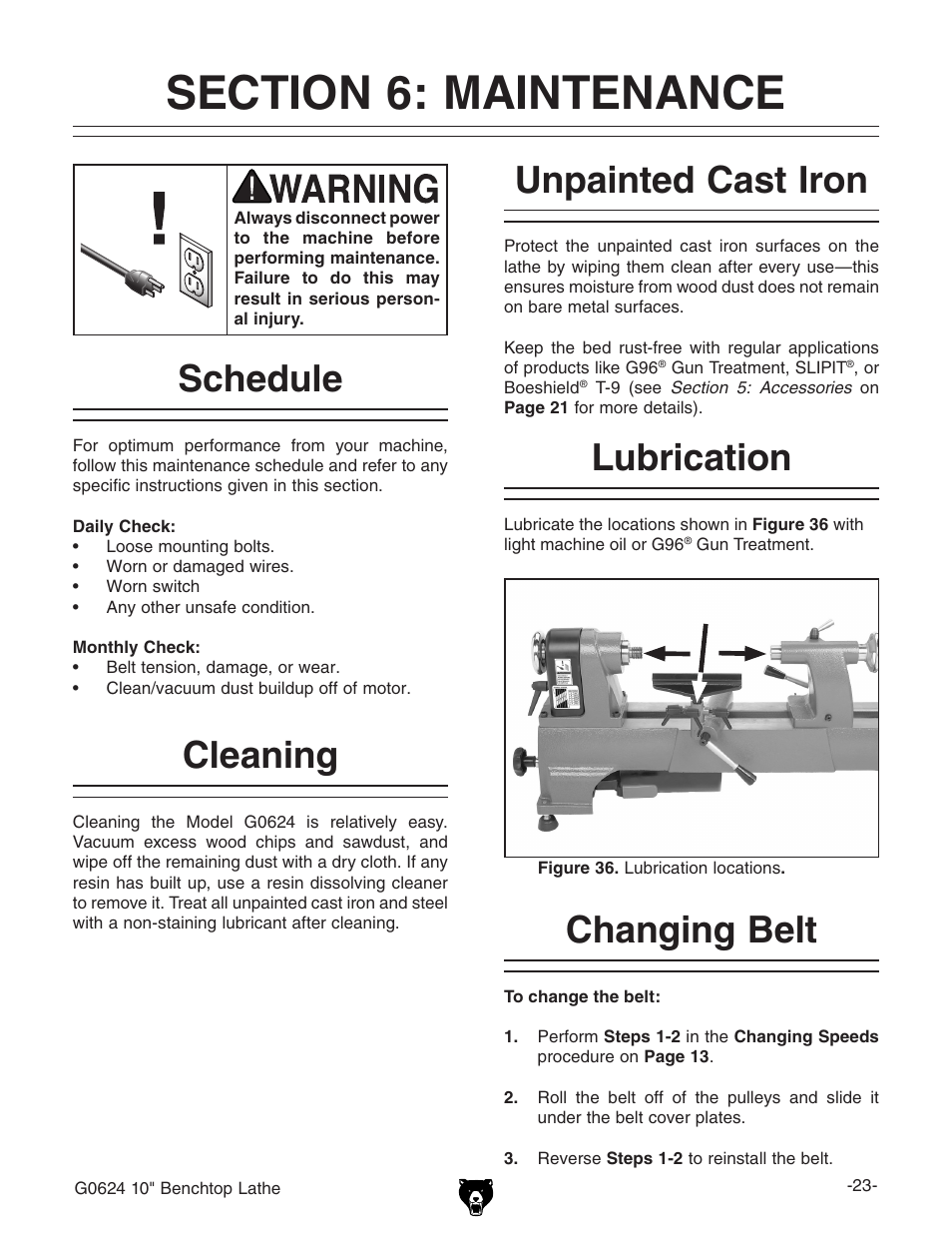 Schedule, Cleaning, Unpainted cast iron | Lubrication, Changing belt | Grizzly G0624 User Manual | Page 25 / 36