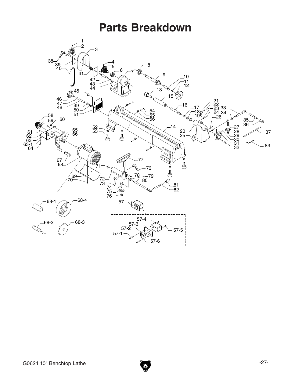 G0624 wiring diagram, Parts breakdown | Grizzly G0624 User Manual | Page 29 / 36