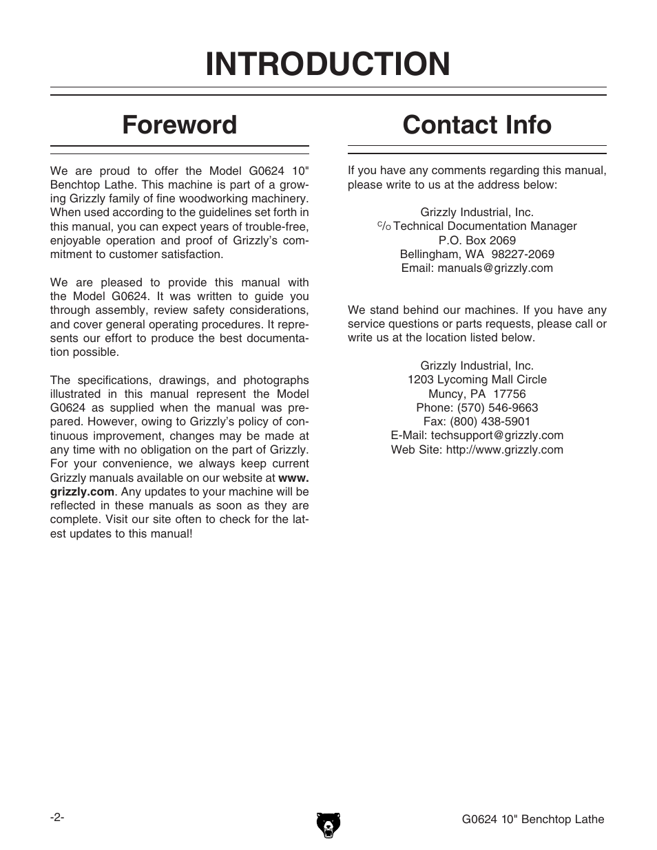 Introduction, Foreword, Contact info | Grizzly G0624 User Manual | Page 4 / 36