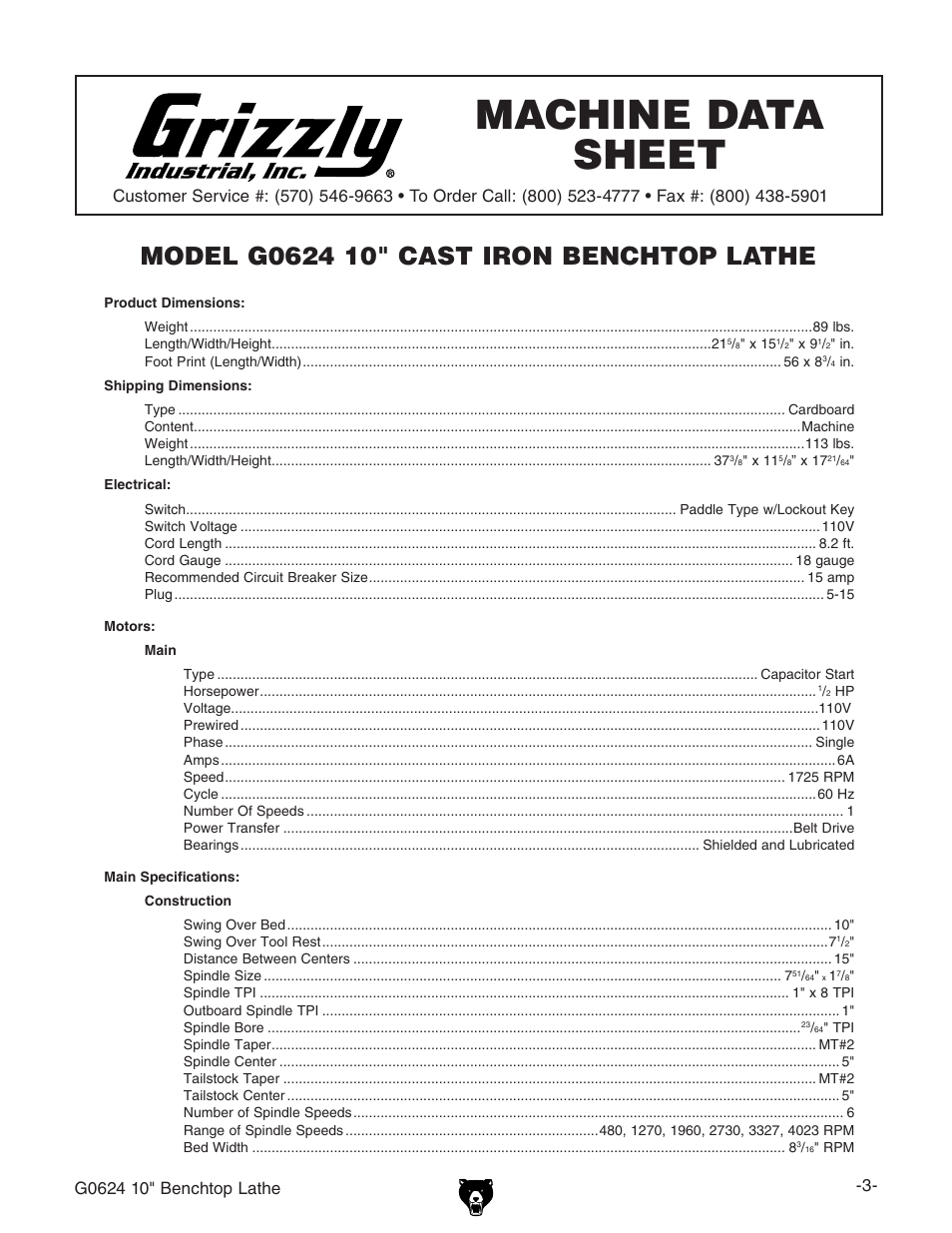 Machine data sheet | Grizzly G0624 User Manual | Page 5 / 36
