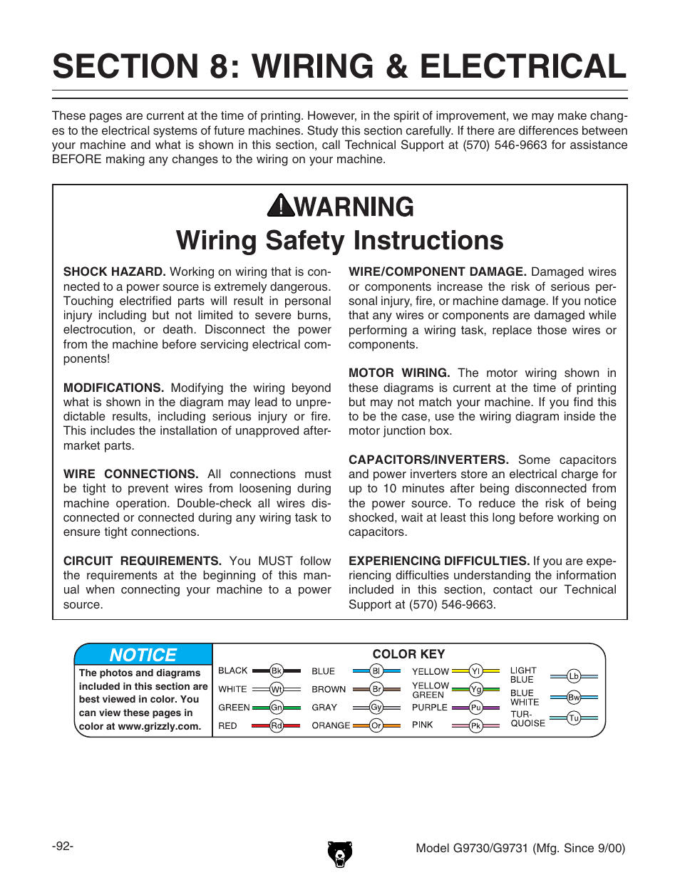 Wiring safety instructions | Grizzly G9731 User Manual | Page 100 / 130