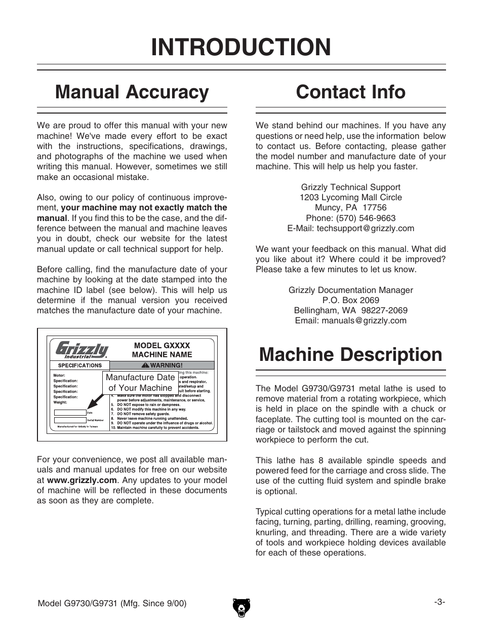 Introduction, Machine description, Contact info | Manual accuracy | Grizzly G9731 User Manual | Page 11 / 130