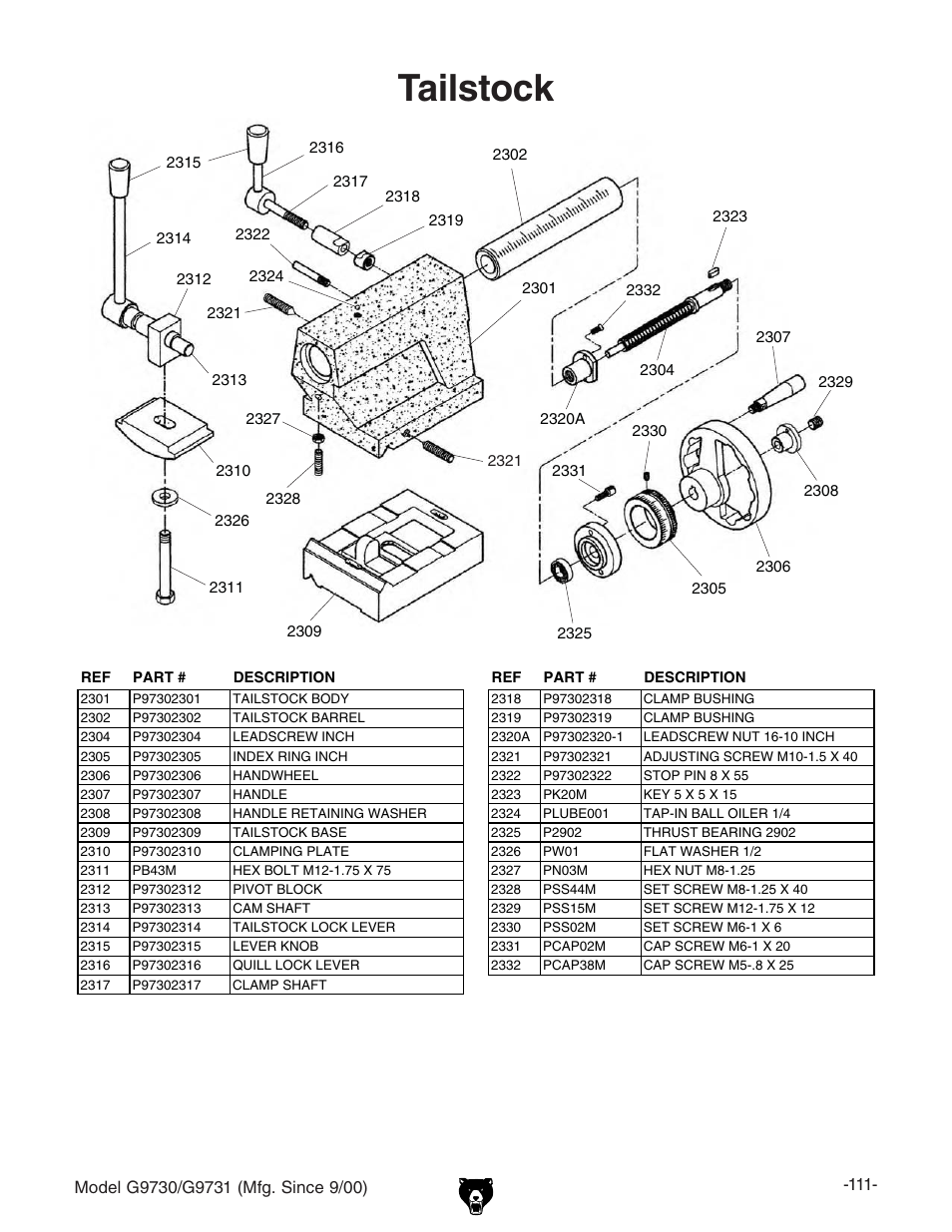 Tailstock | Grizzly G9731 User Manual | Page 119 / 130