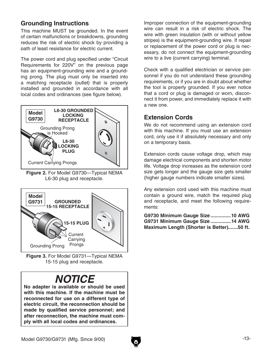 Notice, Grounding instructions, Extension cords | Grizzly G9731 User Manual | Page 21 / 130