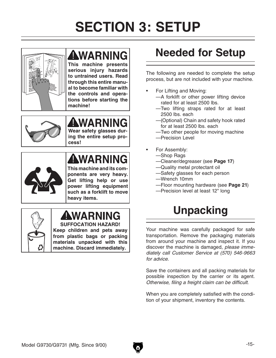 Needed for setup, Unpacking | Grizzly G9731 User Manual | Page 23 / 130