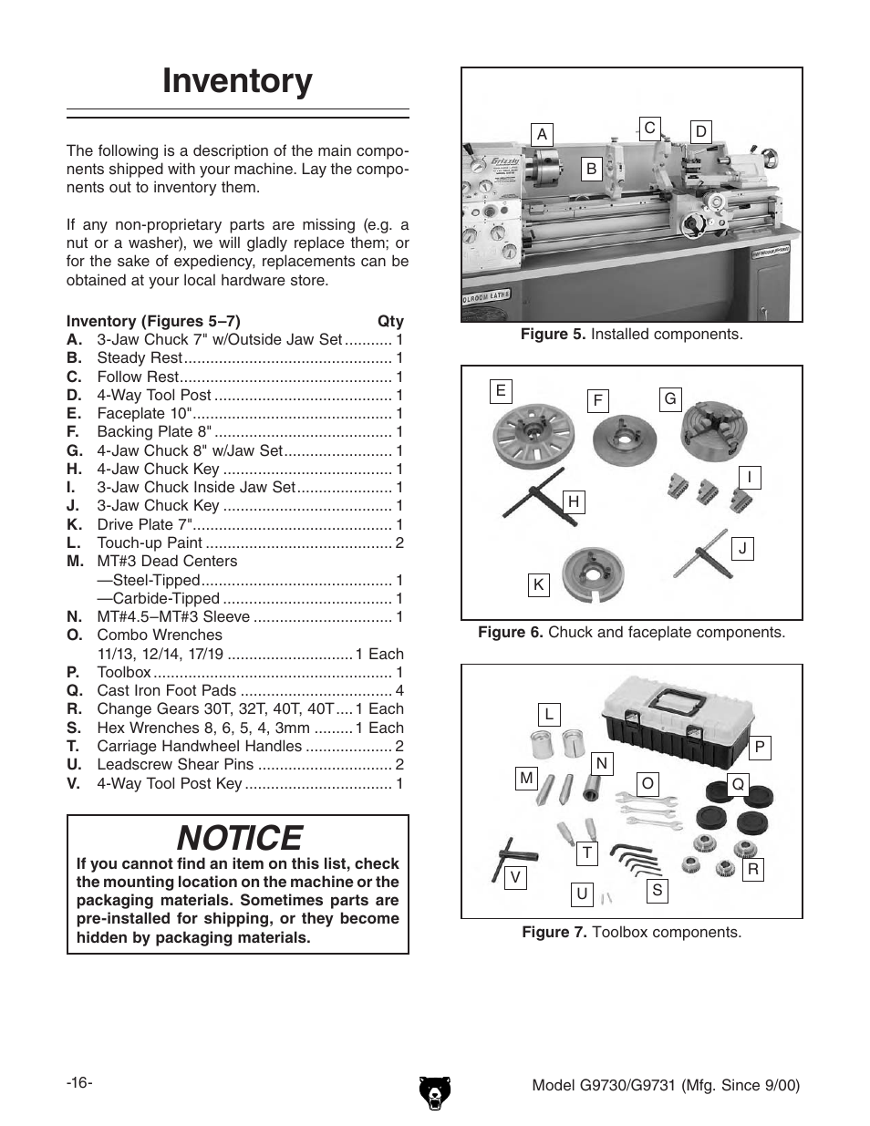 Inventory, Notice | Grizzly G9731 User Manual | Page 24 / 130