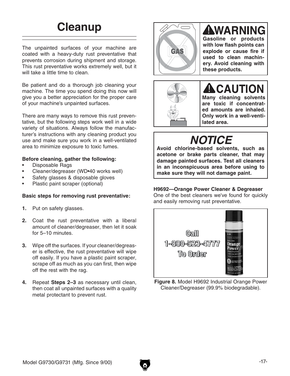 Notice, Cleanup | Grizzly G9731 User Manual | Page 25 / 130