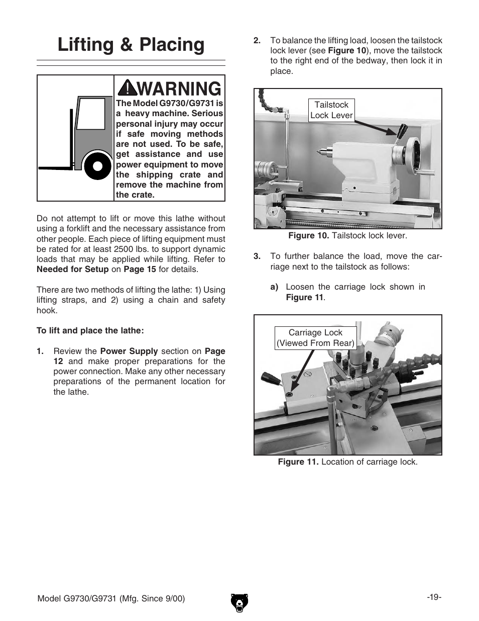 Lifting & placing | Grizzly G9731 User Manual | Page 27 / 130