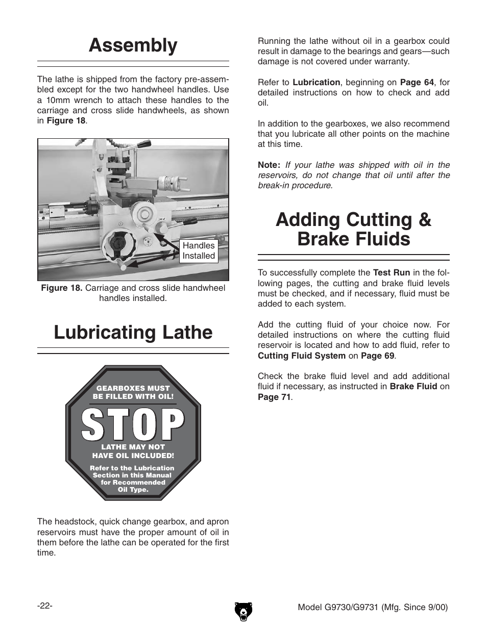 Assembly, Lubricating lathe, Adding cutting & brake fluids | Grizzly G9731 User Manual | Page 30 / 130