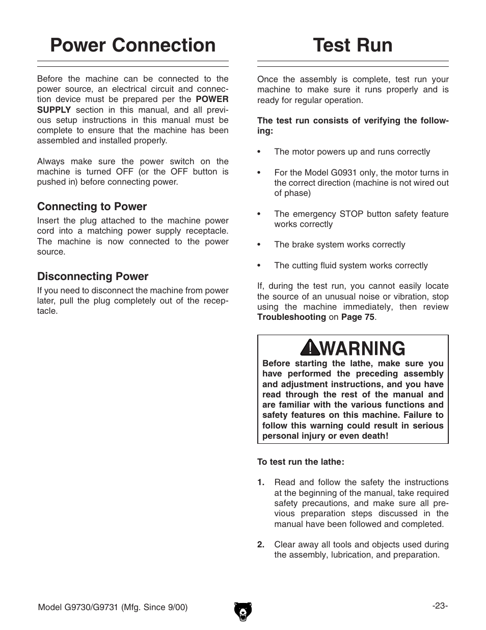 Test run, Power connection | Grizzly G9731 User Manual | Page 31 / 130