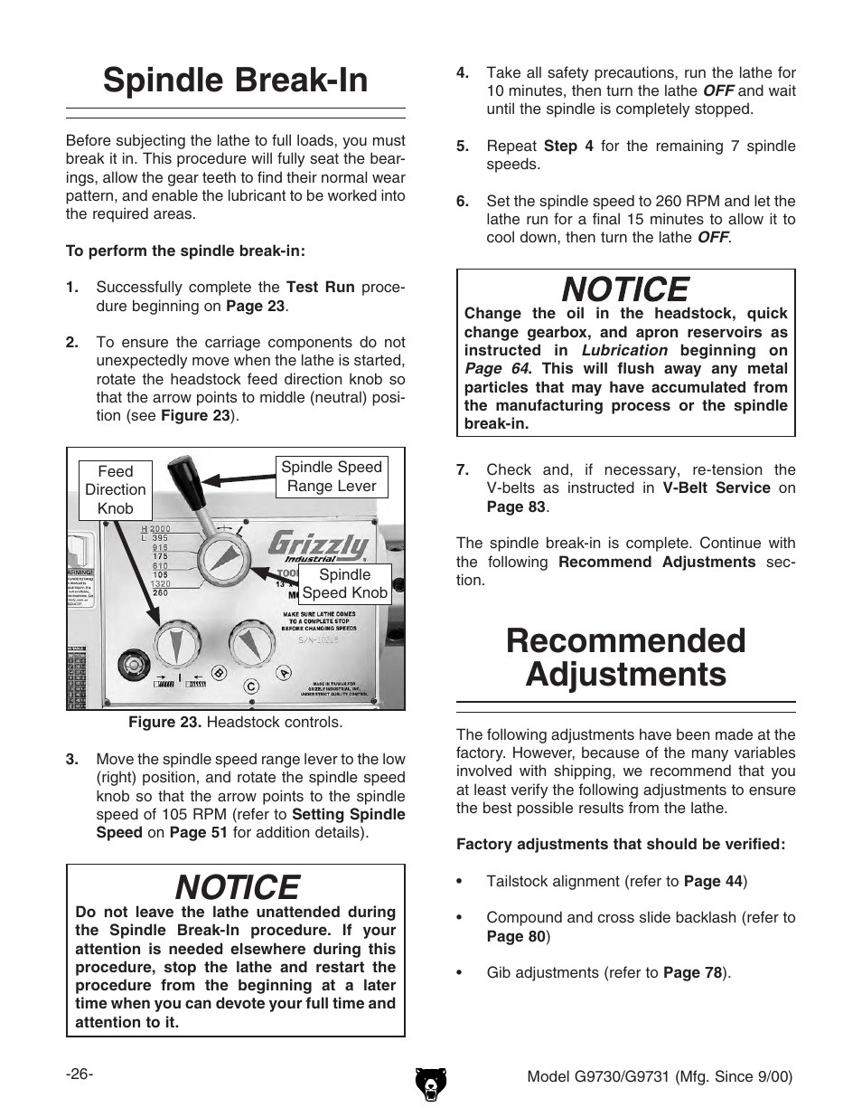 Spindle break-in, Notice, Recommended adjustments | Grizzly G9731 User Manual | Page 34 / 130