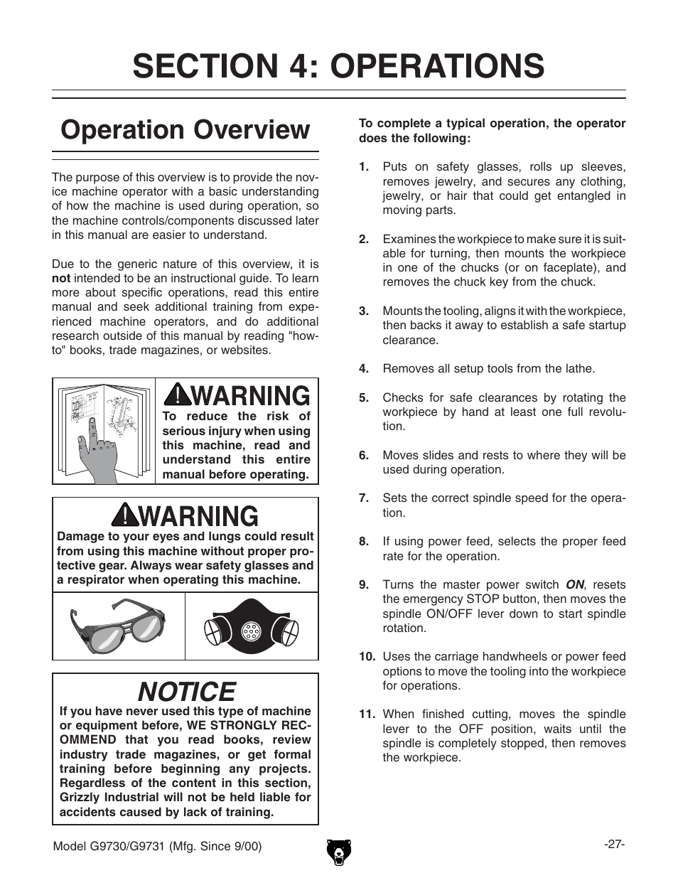 Operation overview, Notice | Grizzly G9731 User Manual | Page 35 / 130