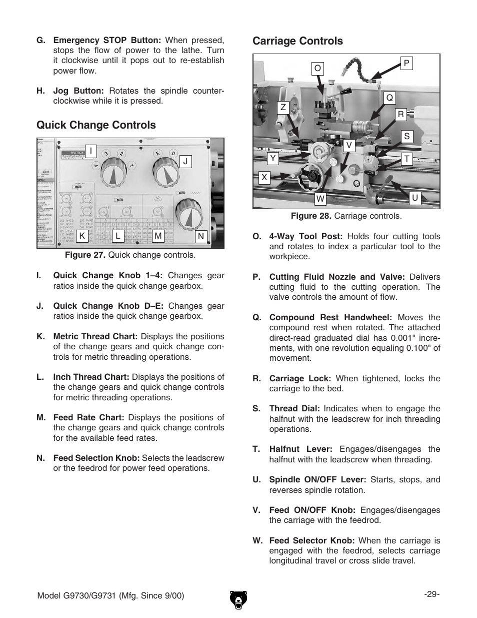 Quick change controls, Carriage controls | Grizzly G9731 User Manual | Page 37 / 130