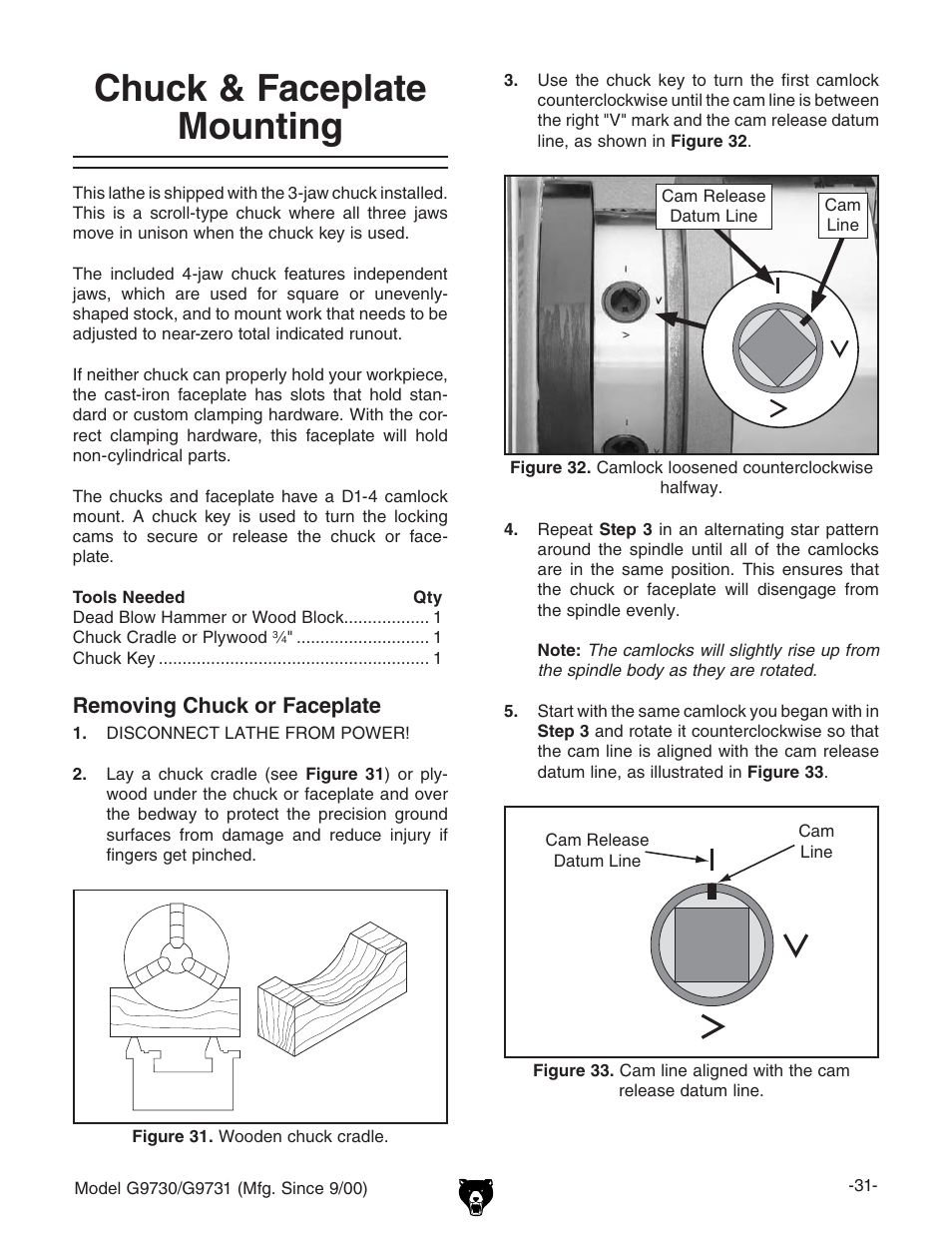 Chuck & faceplate mounting | Grizzly G9731 User Manual | Page 39 / 130