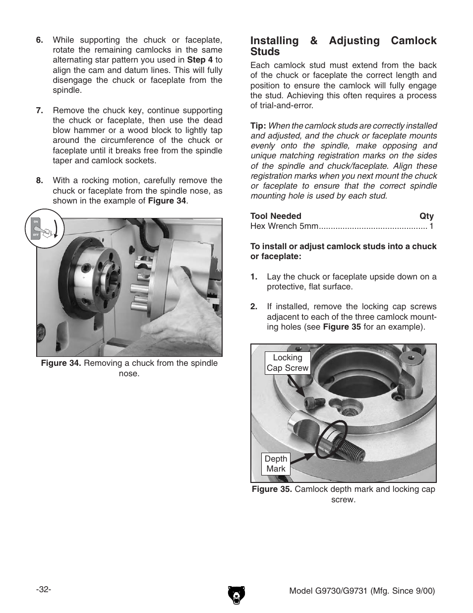 Installing & adjusting camlock studs | Grizzly G9731 User Manual | Page 40 / 130