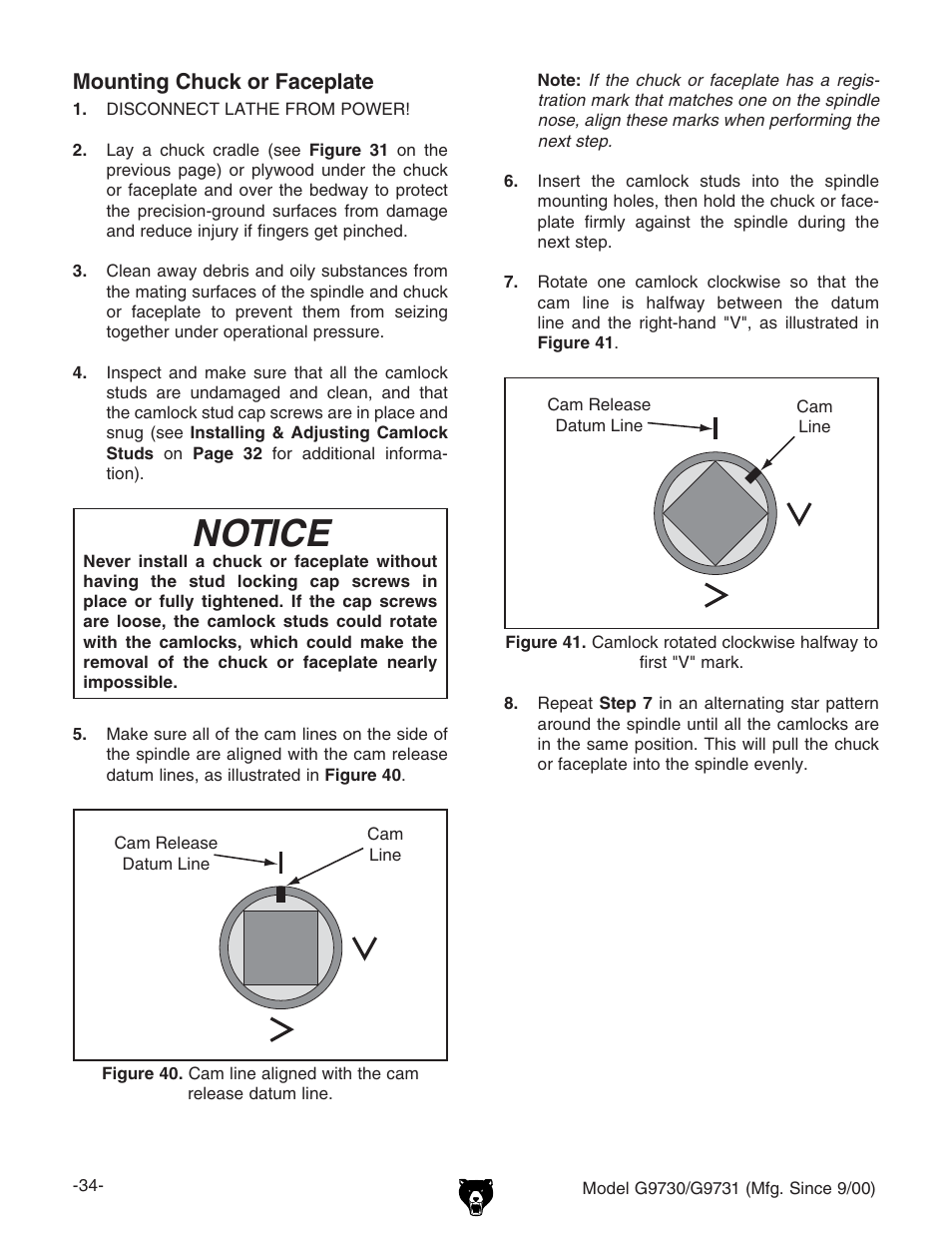 Notice, Mounting chuck or faceplate | Grizzly G9731 User Manual | Page 42 / 130