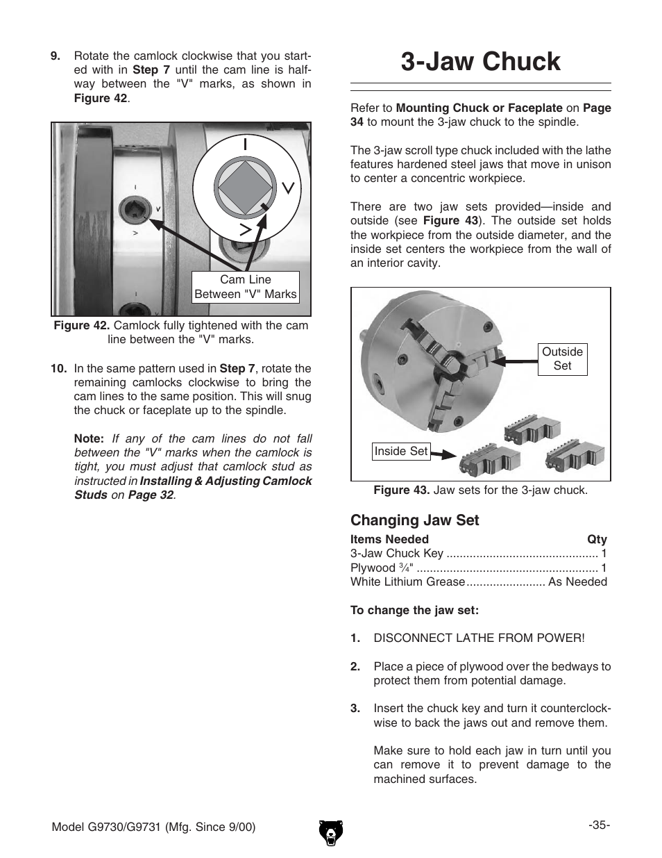 Jaw chuck, Changing jaw set | Grizzly G9731 User Manual | Page 43 / 130