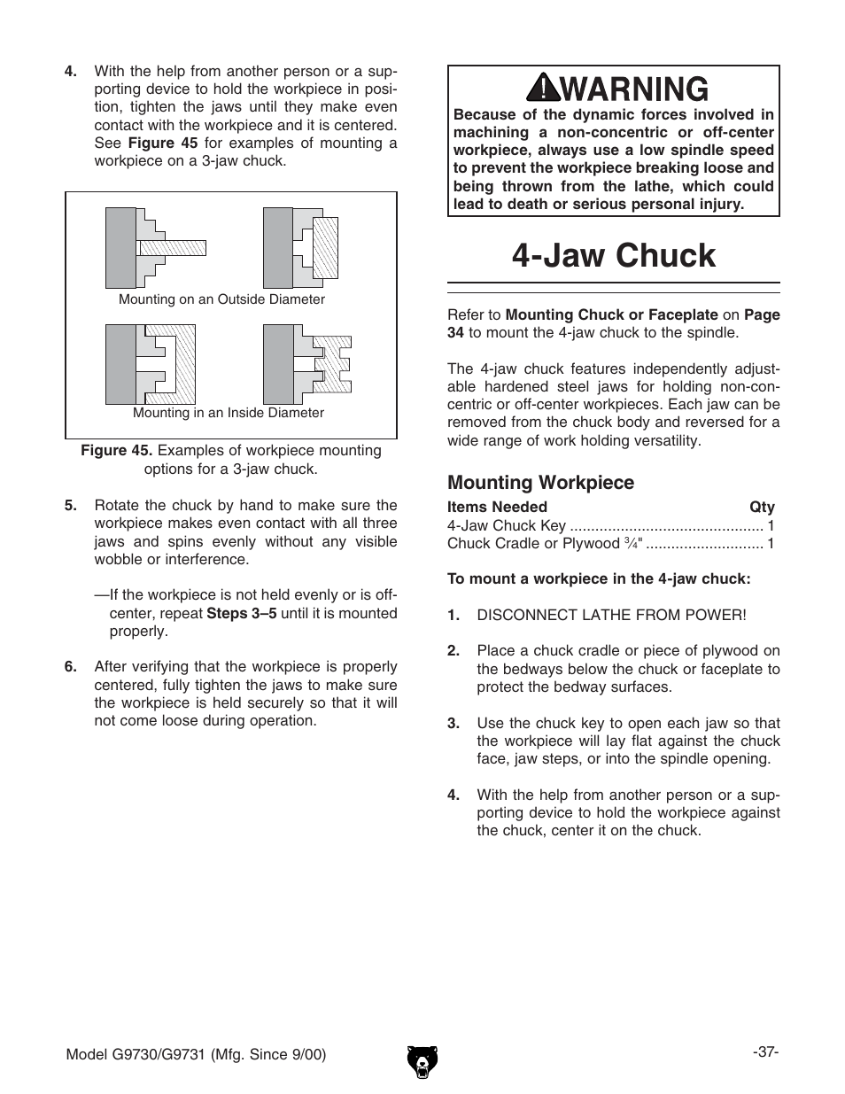 Jaw chuck, Mounting workpiece | Grizzly G9731 User Manual | Page 45 / 130