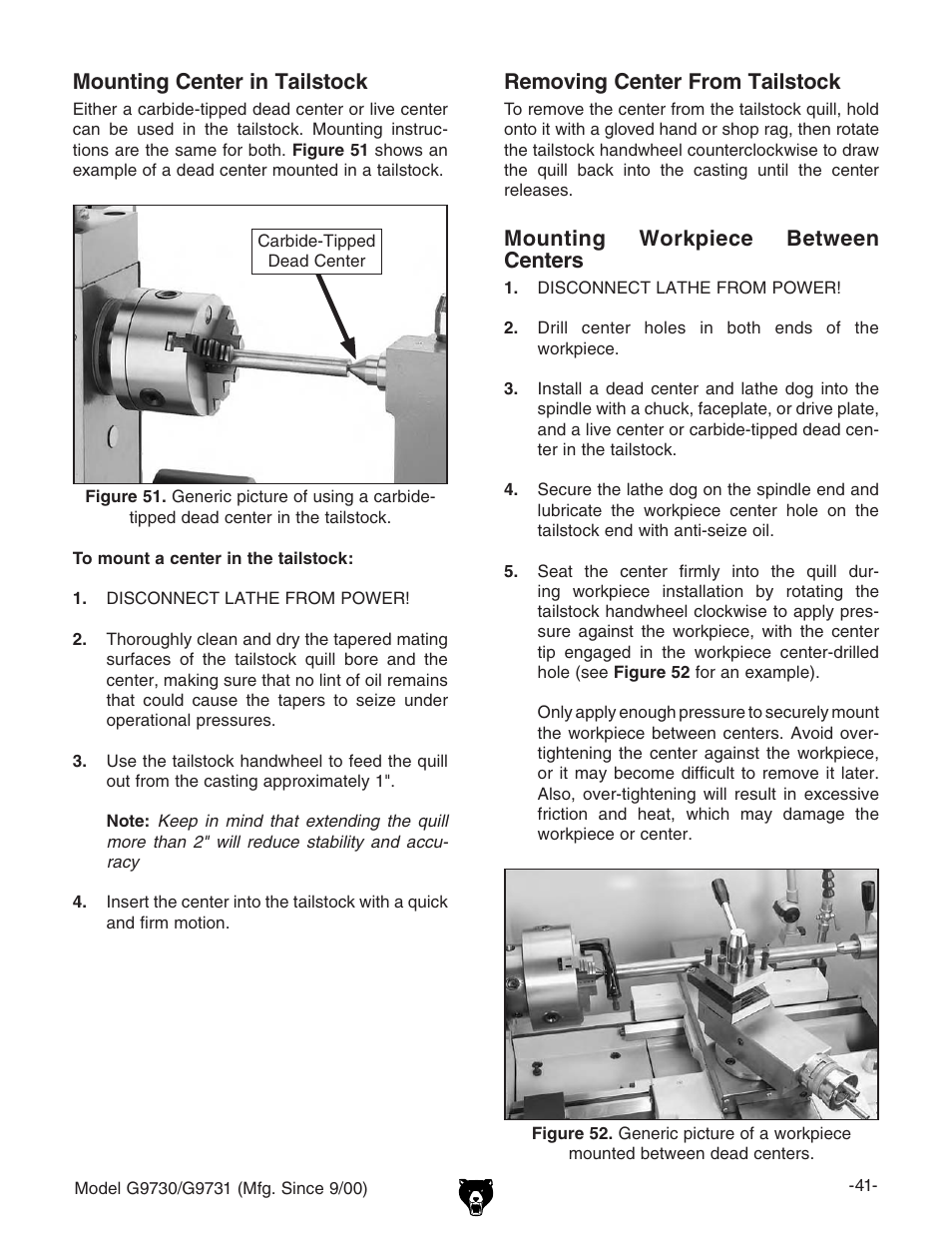 Mounting center in tailstock, Removing center from tailstock, Mounting workpiece between centers | Grizzly G9731 User Manual | Page 49 / 130