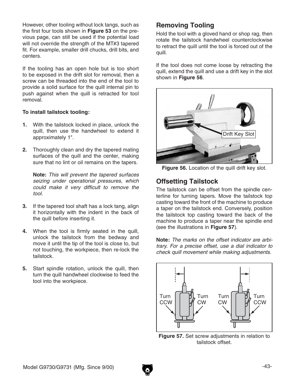 Removing tooling, Offsetting tailstock | Grizzly G9731 User Manual | Page 51 / 130