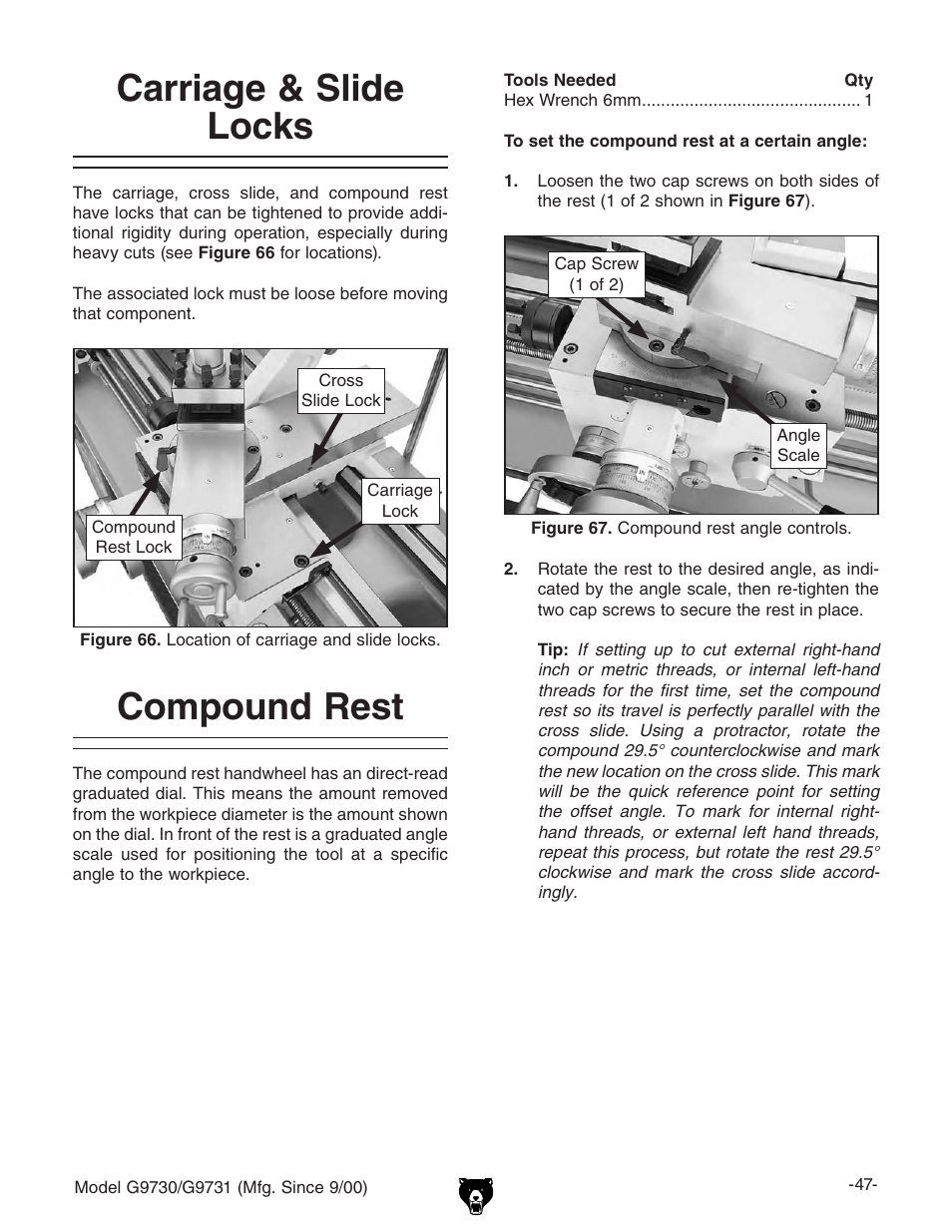 Carriage & slide locks, Compound rest | Grizzly G9731 User Manual | Page 55 / 130
