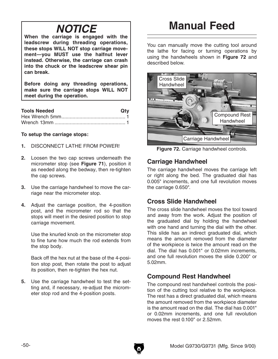 Manual feed, Notice | Grizzly G9731 User Manual | Page 58 / 130