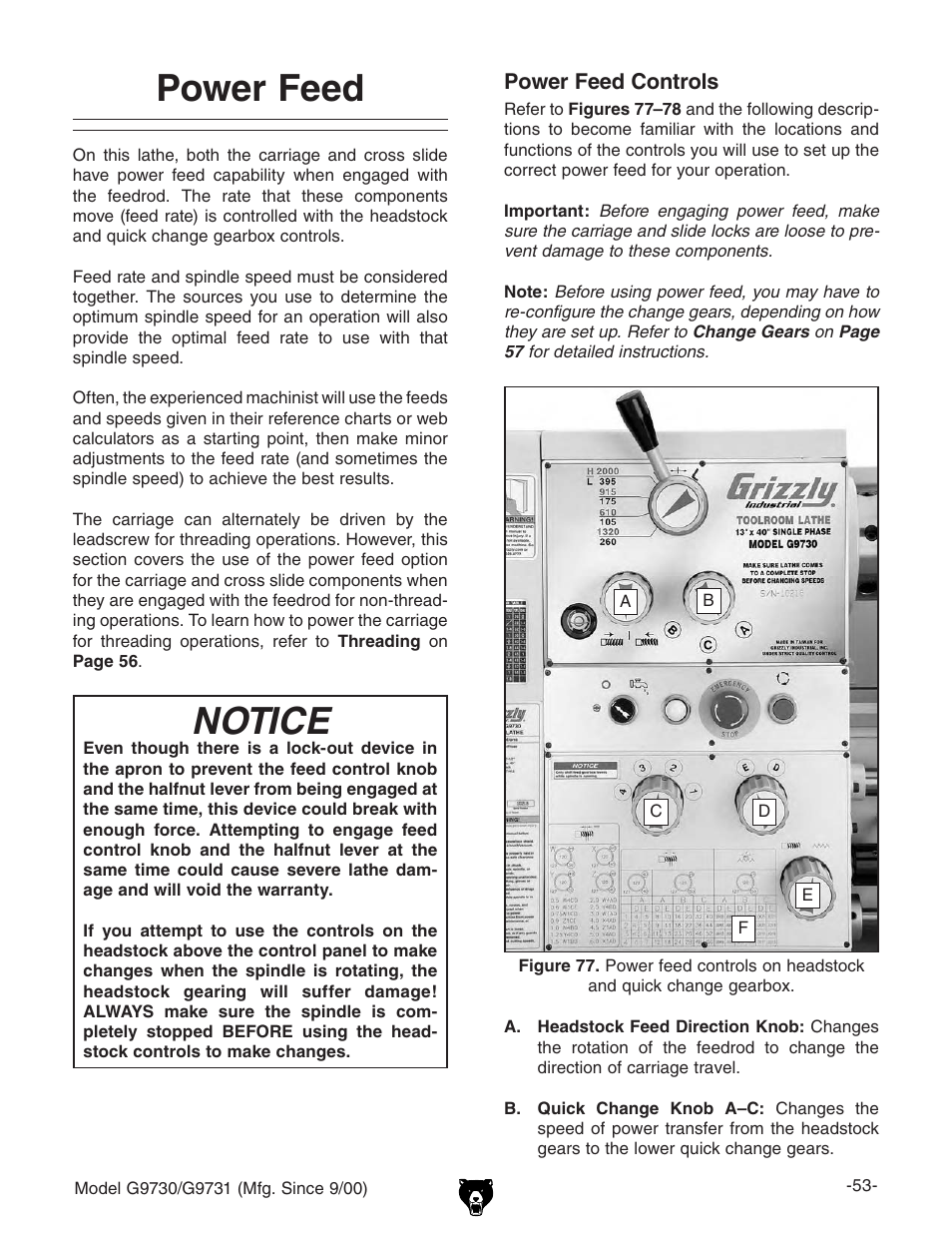 Power feed, Notice | Grizzly G9731 User Manual | Page 61 / 130