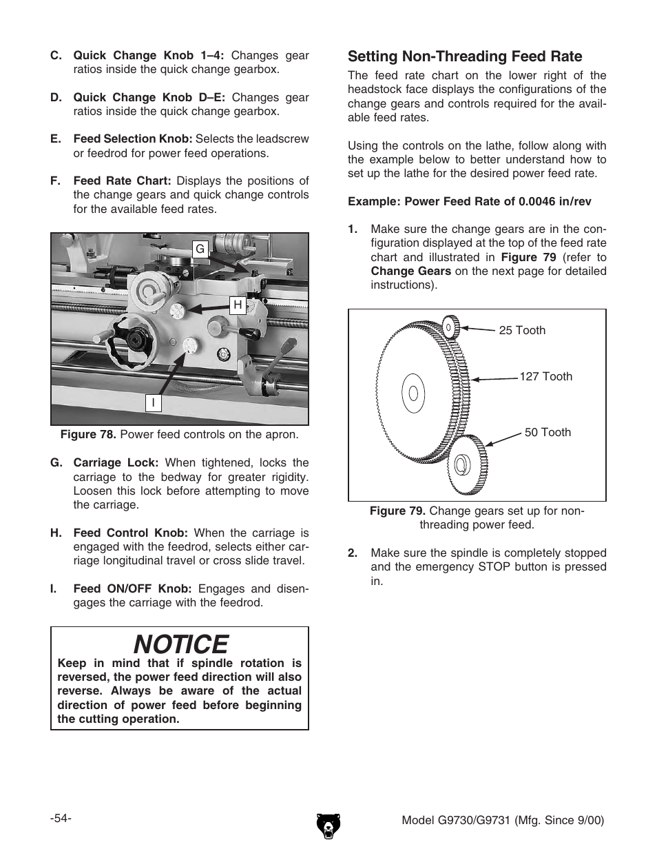 Notice, Setting non-threading feed rate | Grizzly G9731 User Manual | Page 62 / 130