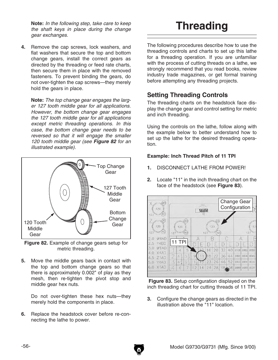 Threading, Setting threading controls | Grizzly G9731 User Manual | Page 64 / 130