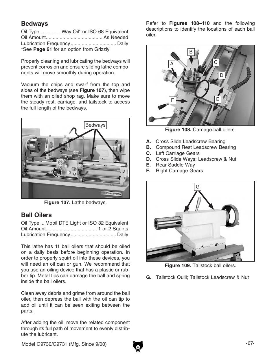 Bedways, Ball oilers | Grizzly G9731 User Manual | Page 75 / 130