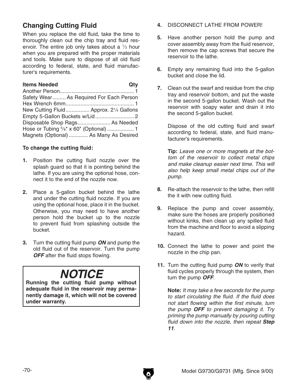 Notice, Changing cutting fluid | Grizzly G9731 User Manual | Page 78 / 130