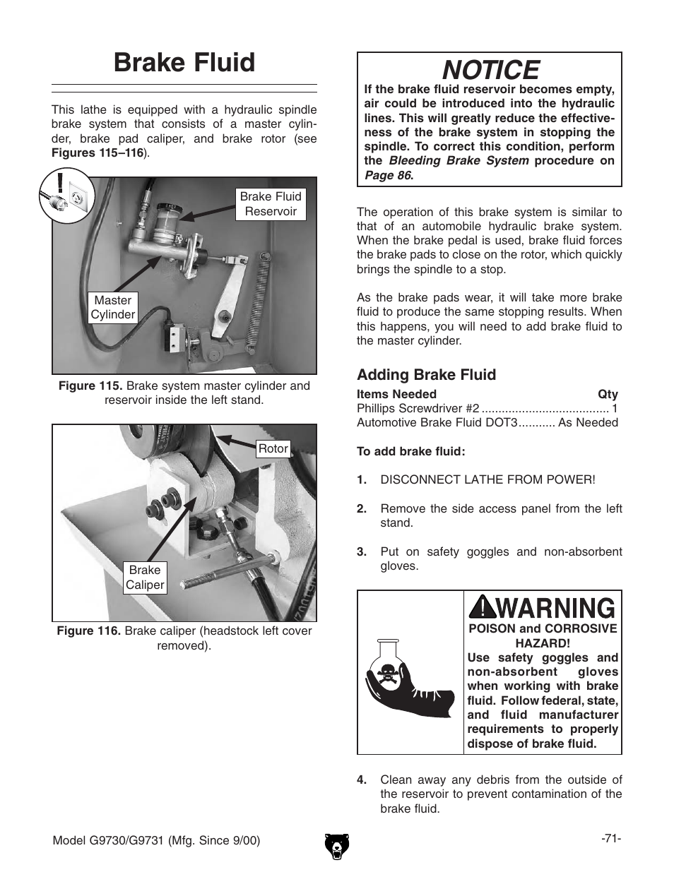 Brake fluid, Notice | Grizzly G9731 User Manual | Page 79 / 130