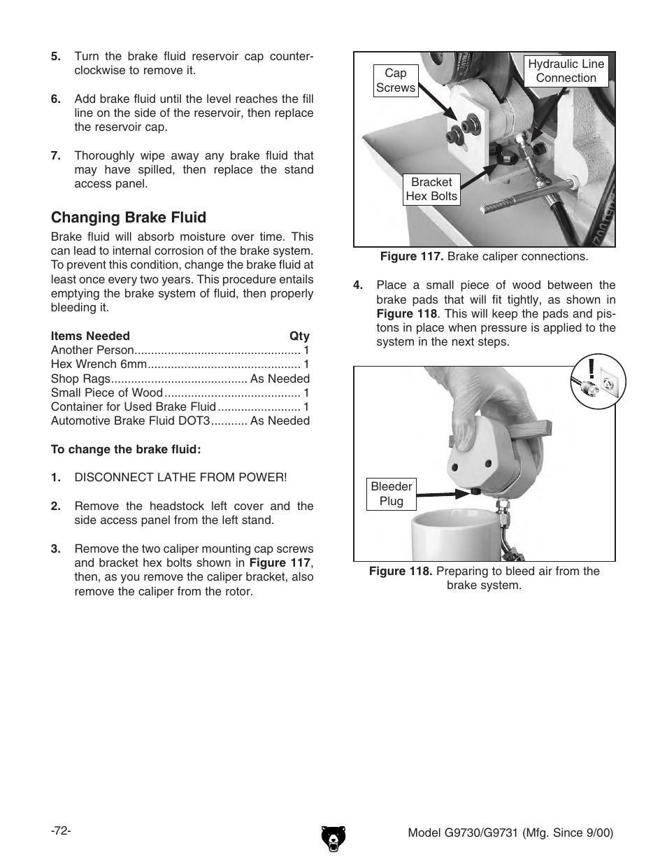 Changing brake fluid | Grizzly G9731 User Manual | Page 80 / 130