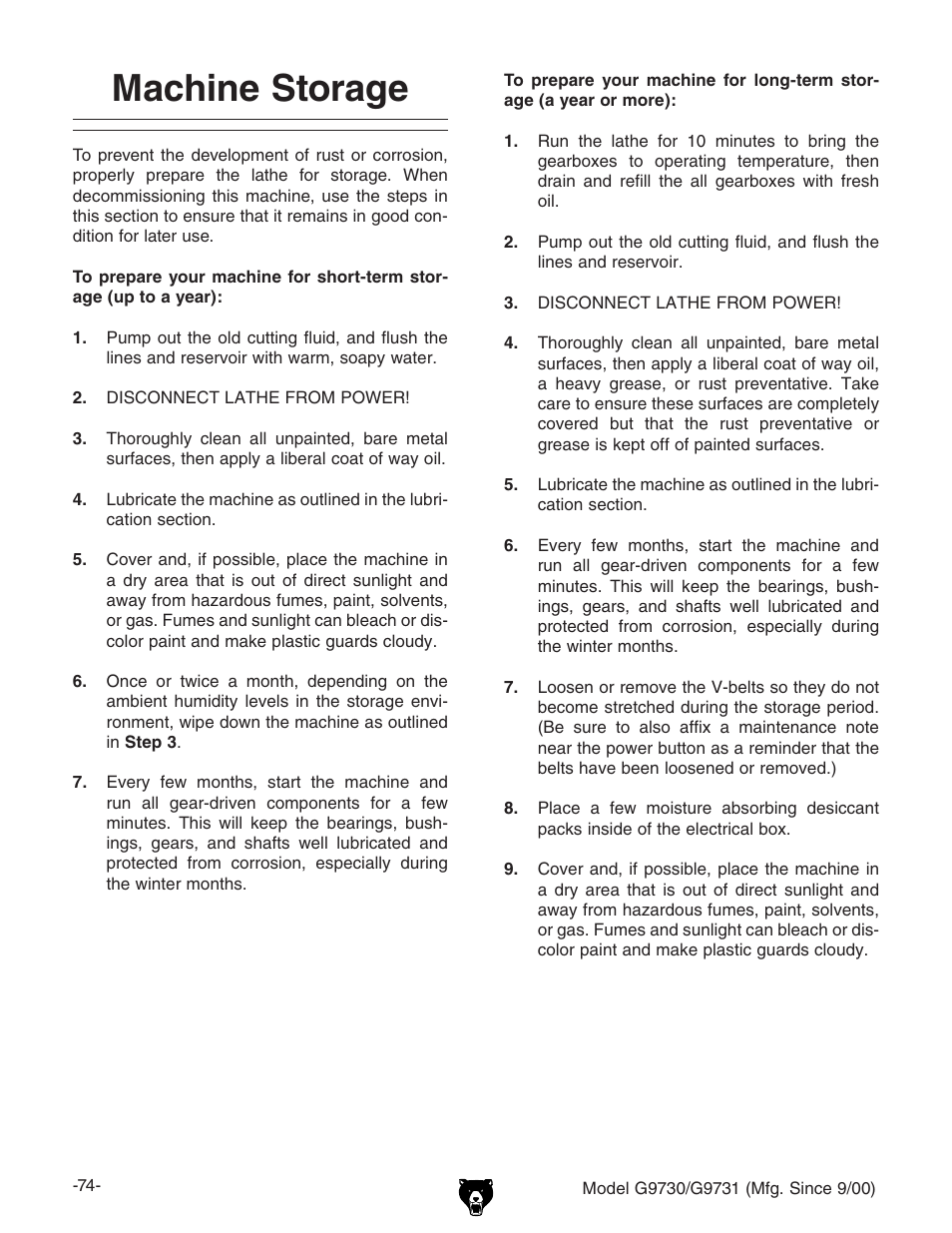 Machine storage | Grizzly G9731 User Manual | Page 82 / 130
