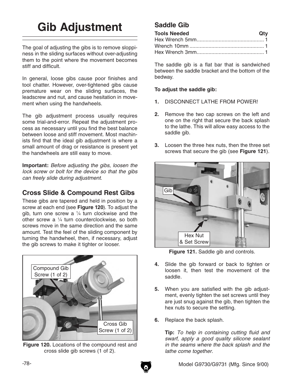 Gib adjustment, Cross slide & compound rest gibs, Saddle gib | Grizzly G9731 User Manual | Page 86 / 130