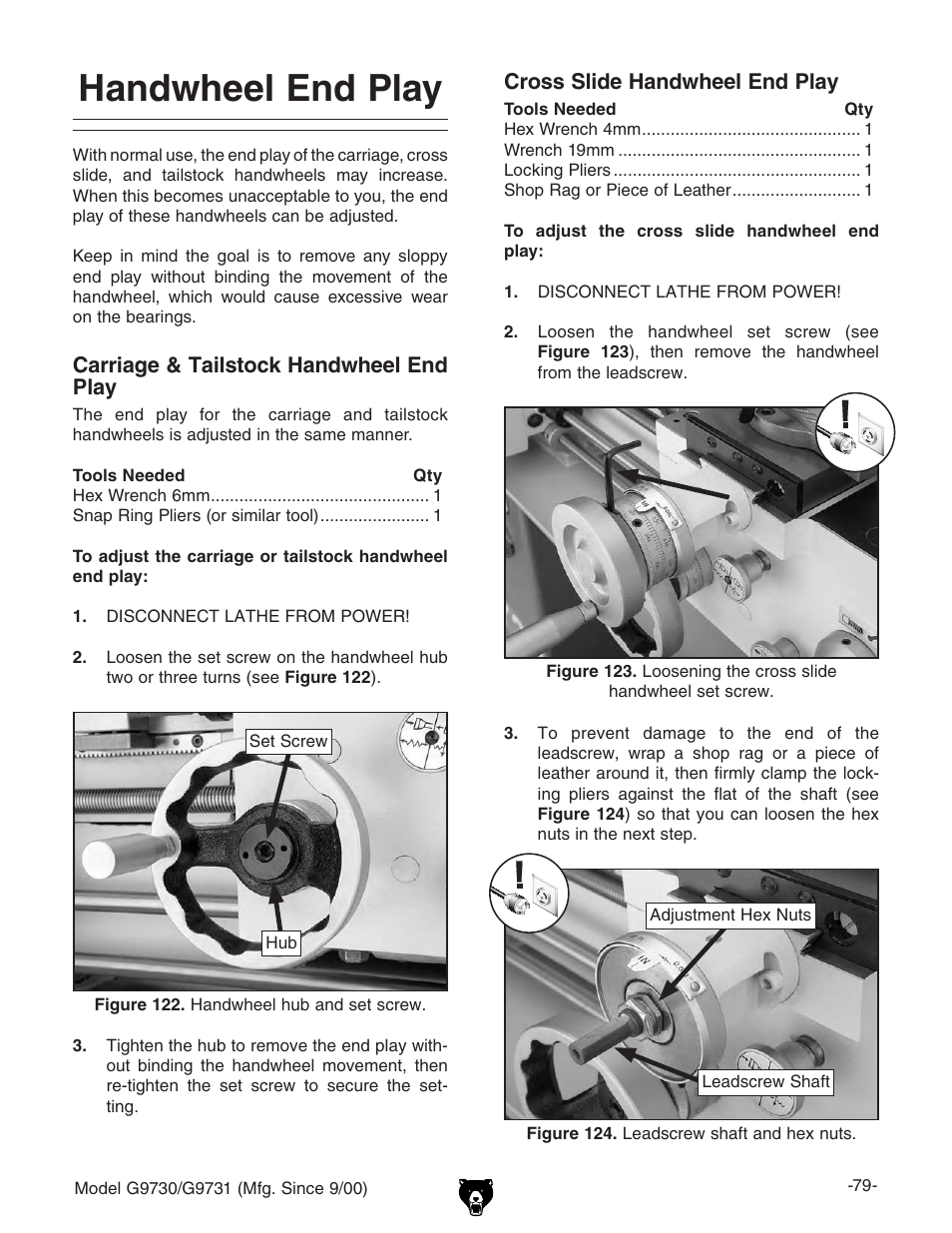 Handwheel end play | Grizzly G9731 User Manual | Page 87 / 130
