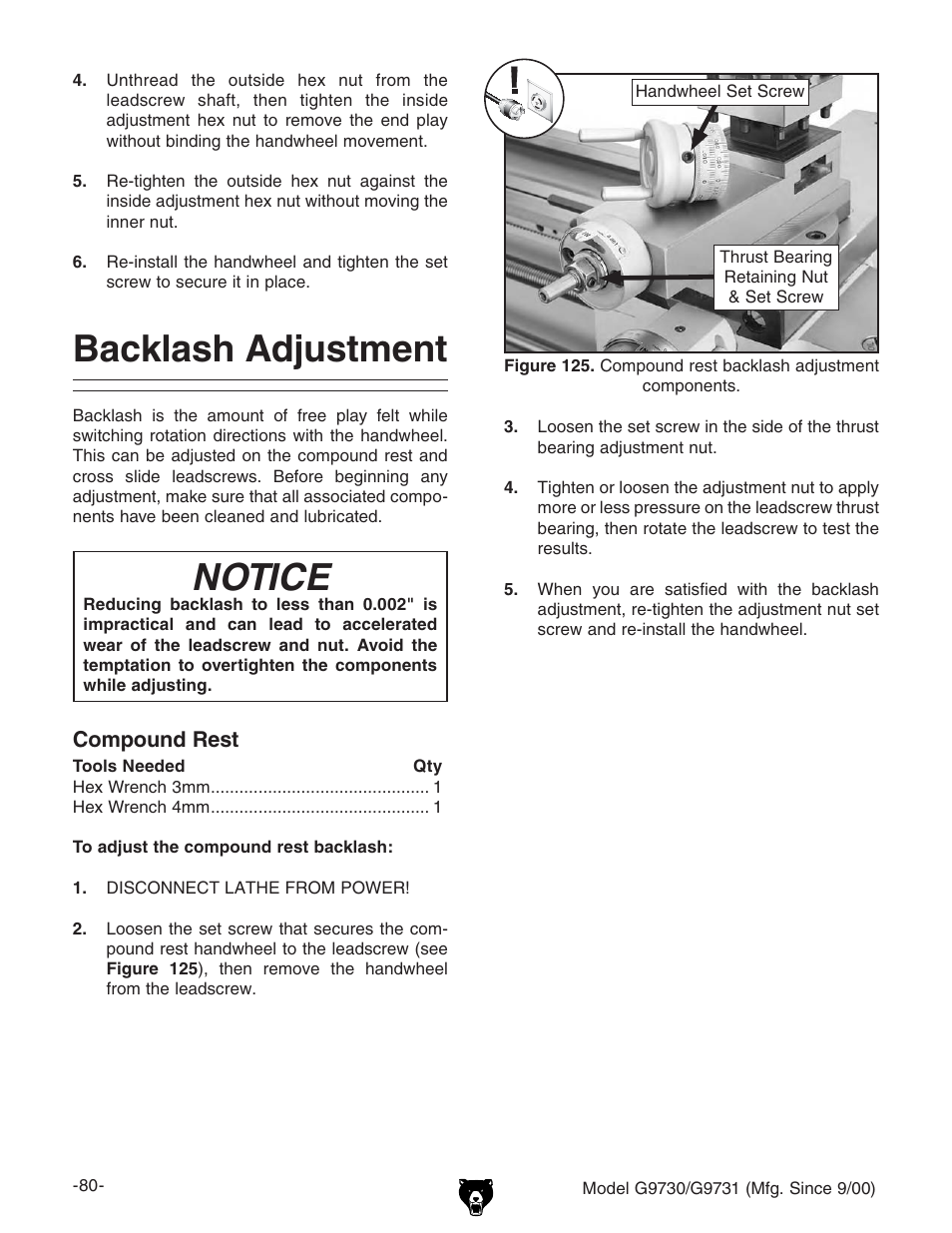 Backlash adjustment, Notice | Grizzly G9731 User Manual | Page 88 / 130