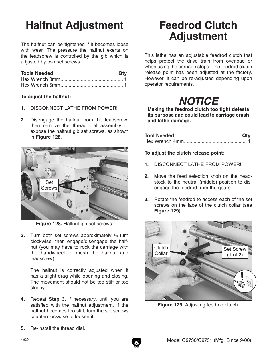 Halfnut adjustment, Feedrod clutch adjustment, Notice | Grizzly G9731 User Manual | Page 90 / 130