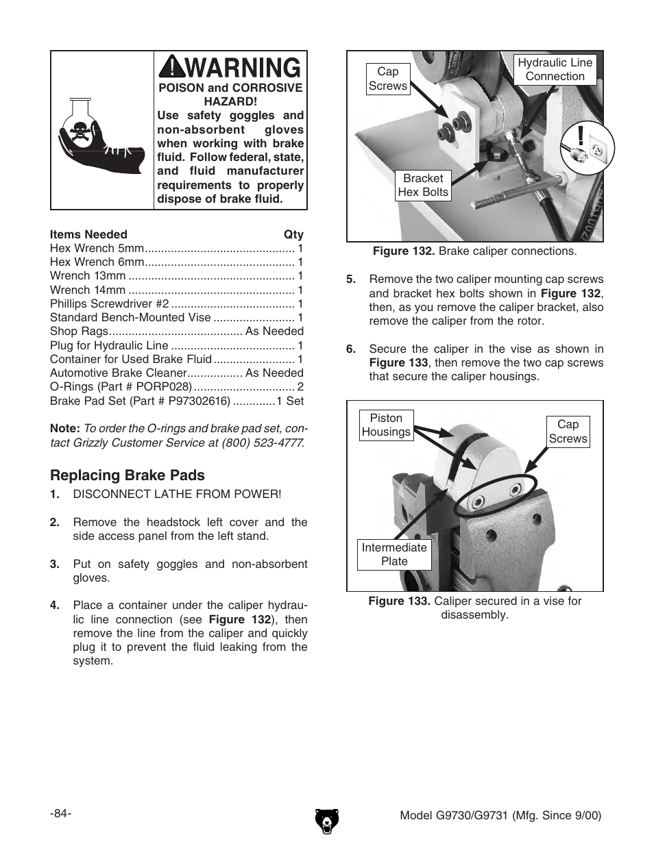 Replacing brake pads | Grizzly G9731 User Manual | Page 92 / 130