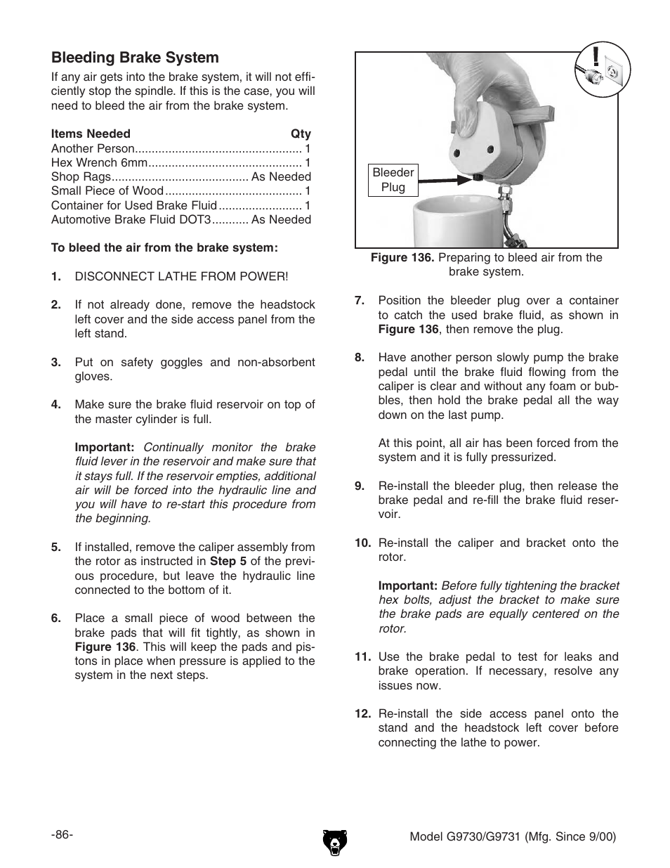 Bleeding brake system | Grizzly G9731 User Manual | Page 94 / 130