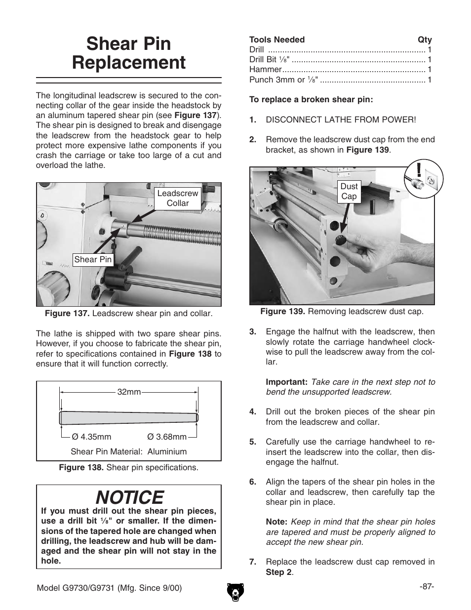 Shear pin replacement, Notice | Grizzly G9731 User Manual | Page 95 / 130