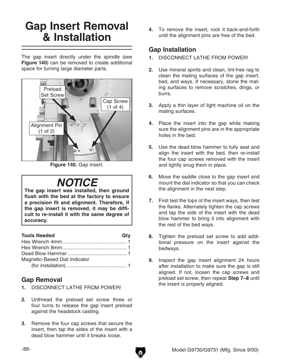 Gap insert removal & installation, Notice | Grizzly G9731 User Manual | Page 96 / 130