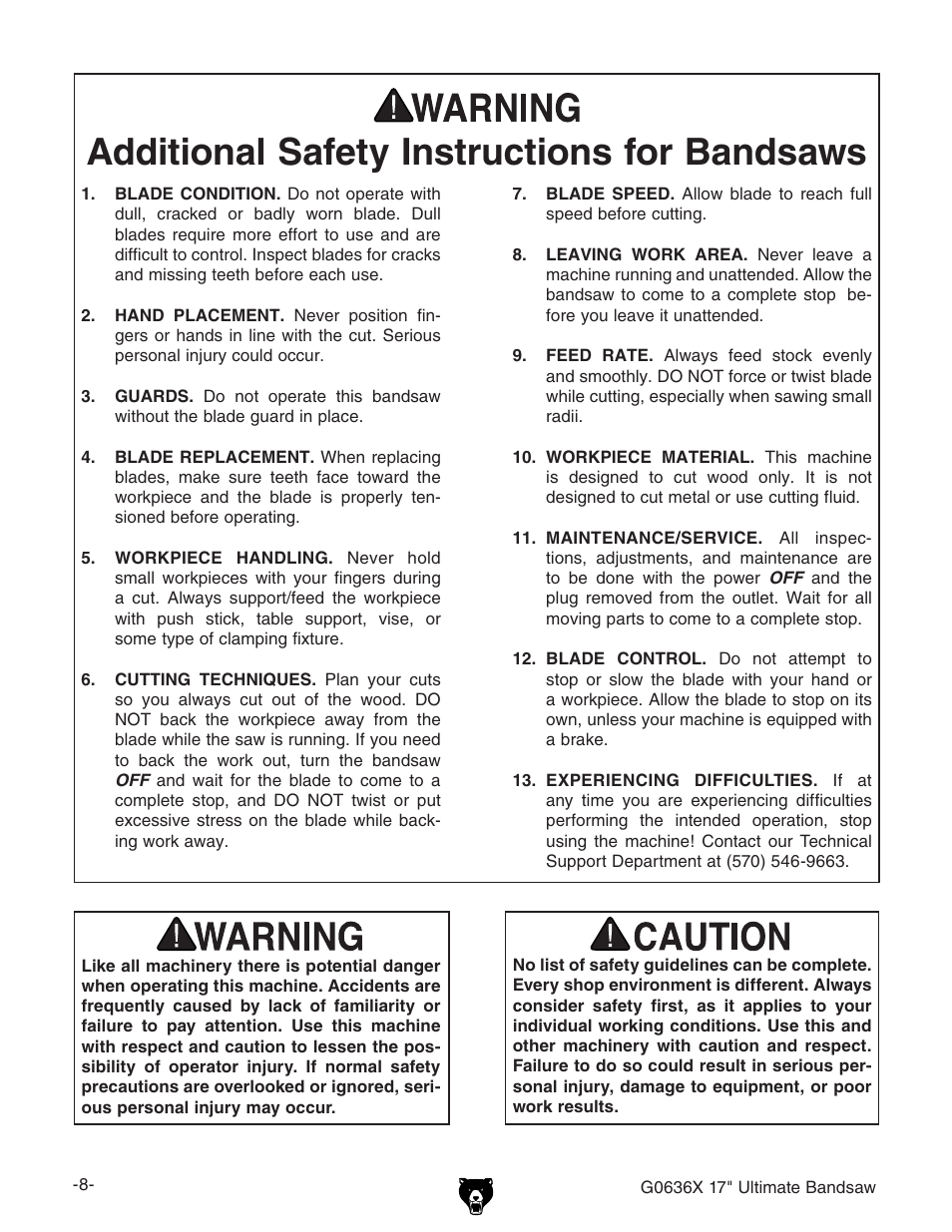 Additional safety instructions for bandsaws | Grizzly G0636X User Manual | Page 10 / 64