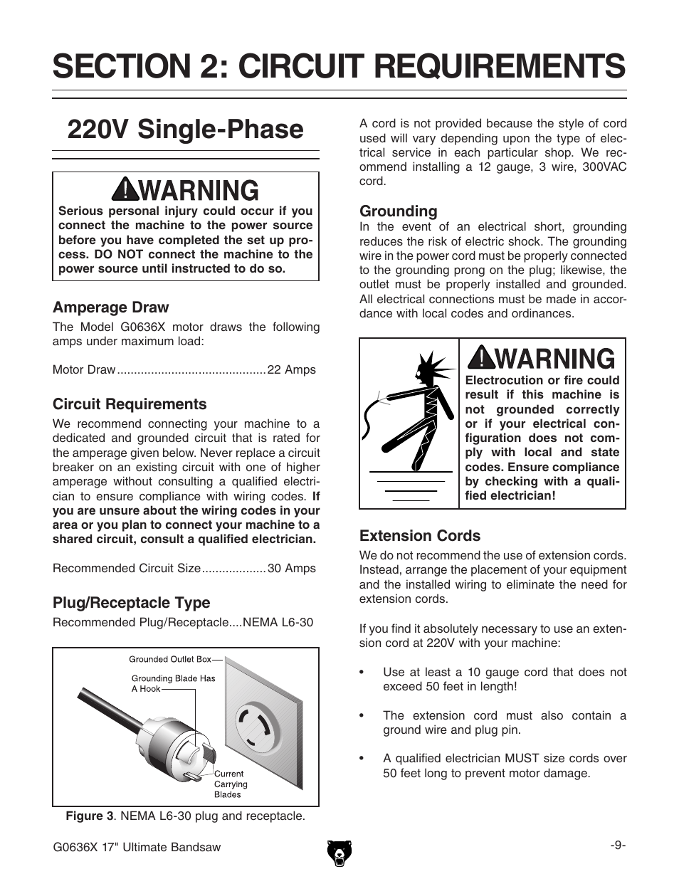 220v single-phase | Grizzly G0636X User Manual | Page 11 / 64