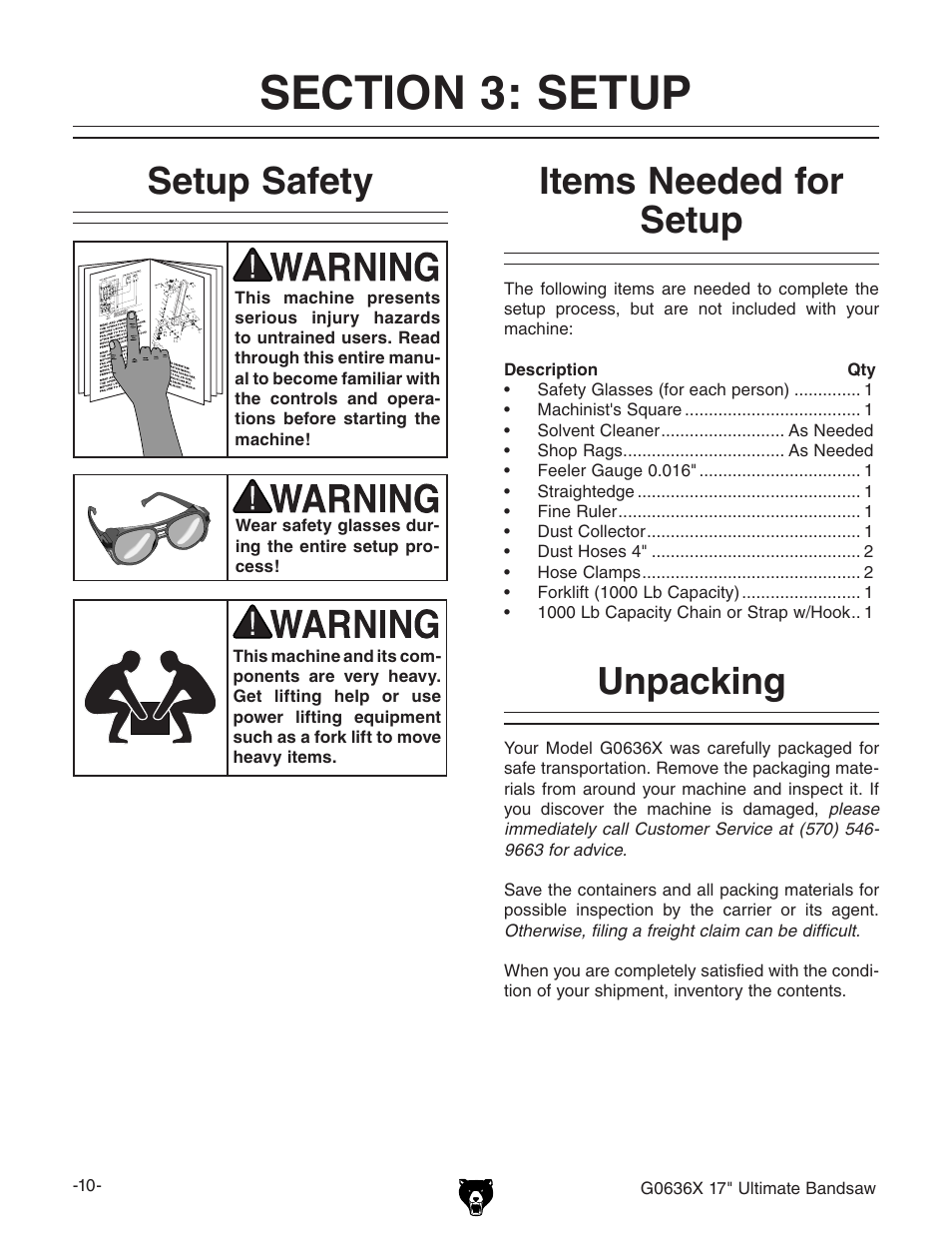 Setup safety, Unpacking items needed for setup | Grizzly G0636X User Manual | Page 12 / 64