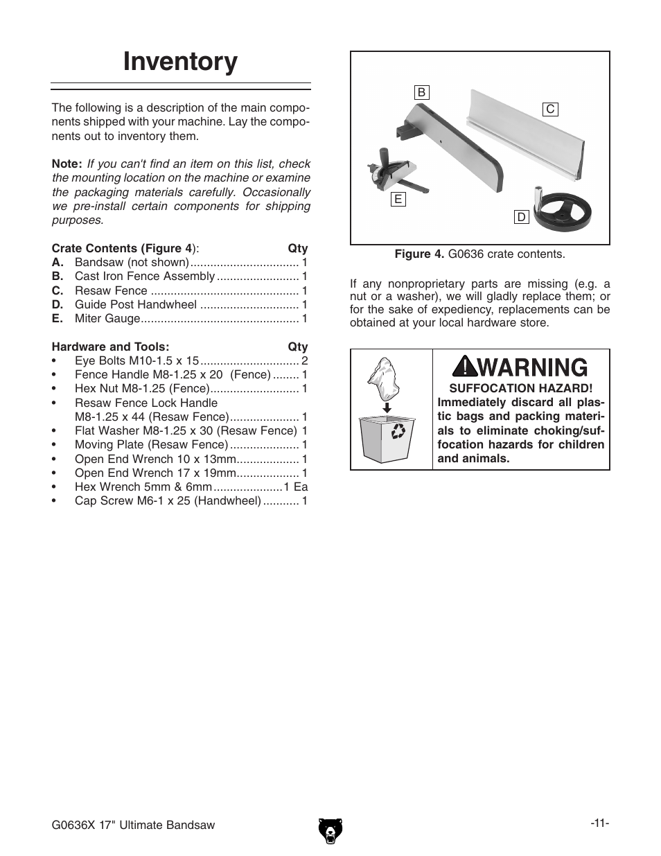 Inventory | Grizzly G0636X User Manual | Page 13 / 64