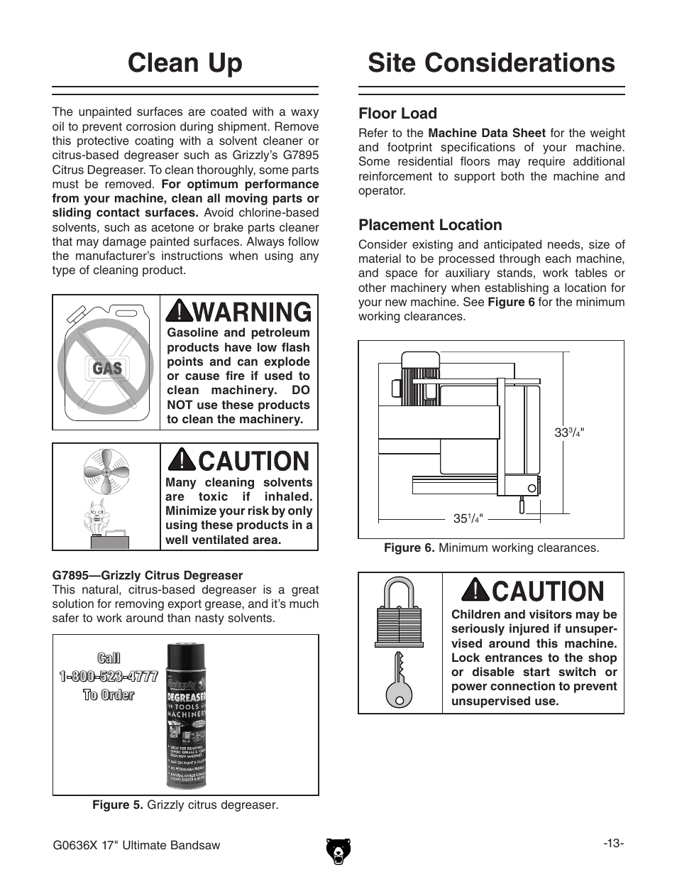 Site considerations clean up, Floor load, Placement location | Grizzly G0636X User Manual | Page 15 / 64
