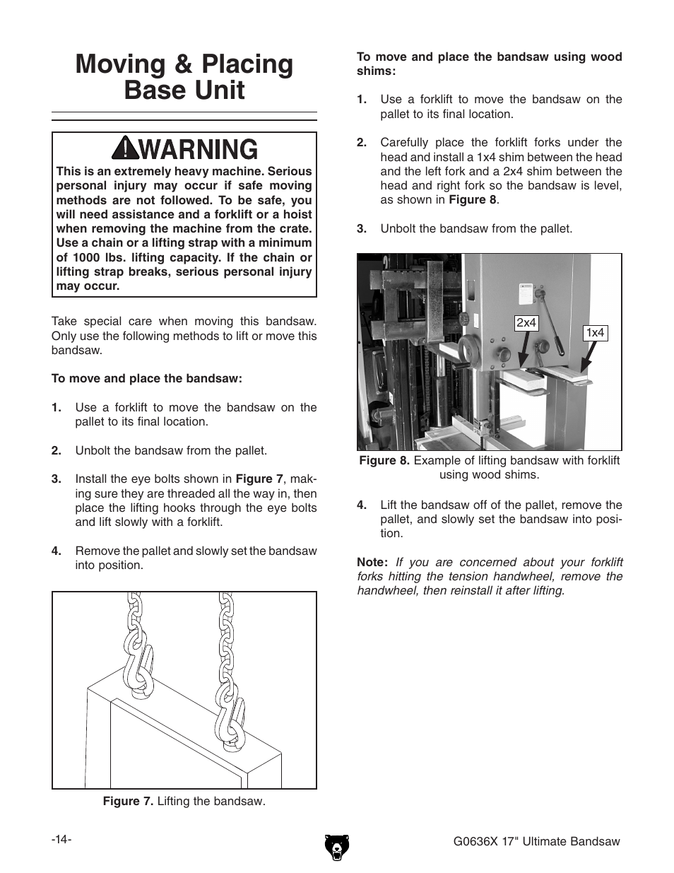 Moving & placing base unit | Grizzly G0636X User Manual | Page 16 / 64